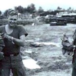 Capt. Bennet, FDC Recorder ? , BC Driver Cantrell with B Btry Ducks at LZ Ollie---Ducks traveled in sandbags so they would not wander off. 1967